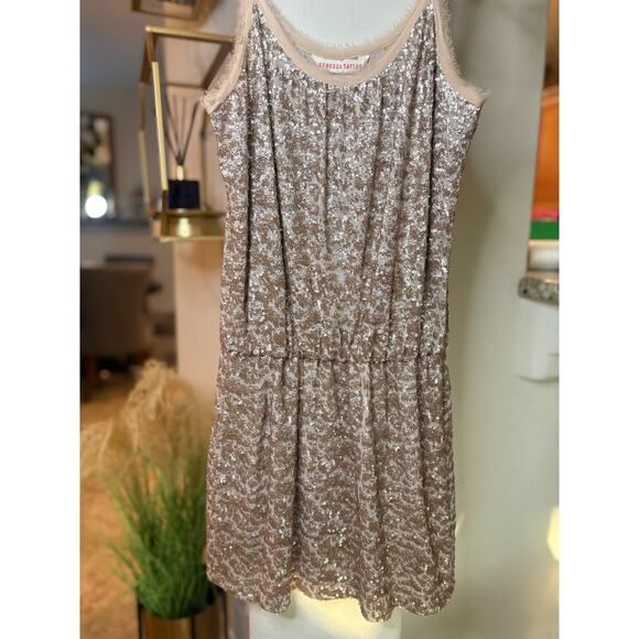 Rebecca Taylor Rose Gold Sequin Mini Dress Size 2 Raw Trim - Picture 3 of 5